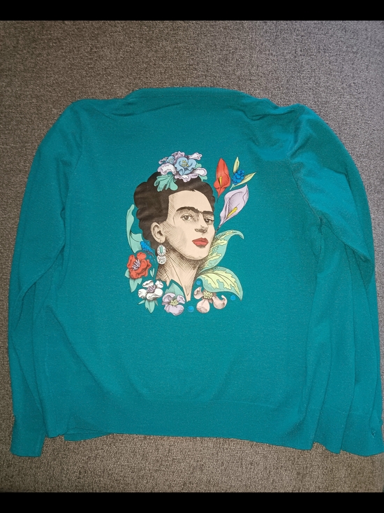 SHEIN Sweaters - SHEIN Teal Green Cardigan with Floral Frida Kahlo Portrait